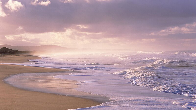 Beach with Ocean Waves — Purple, Serene, Sunset