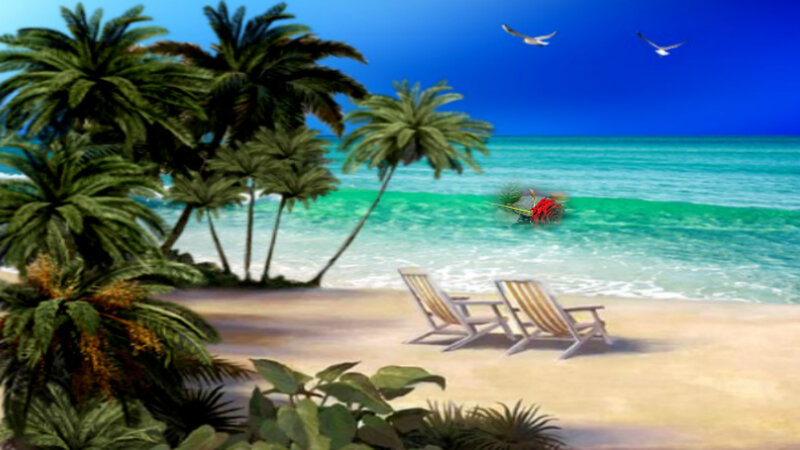 Beach with Palm Trees — Blue, Serene, Afternoon, Digital Art