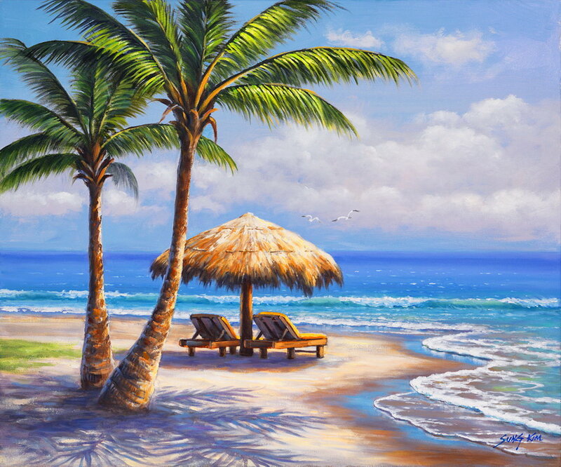 Beach with Palm Trees — Blue, Serene, Afternoon, Painting