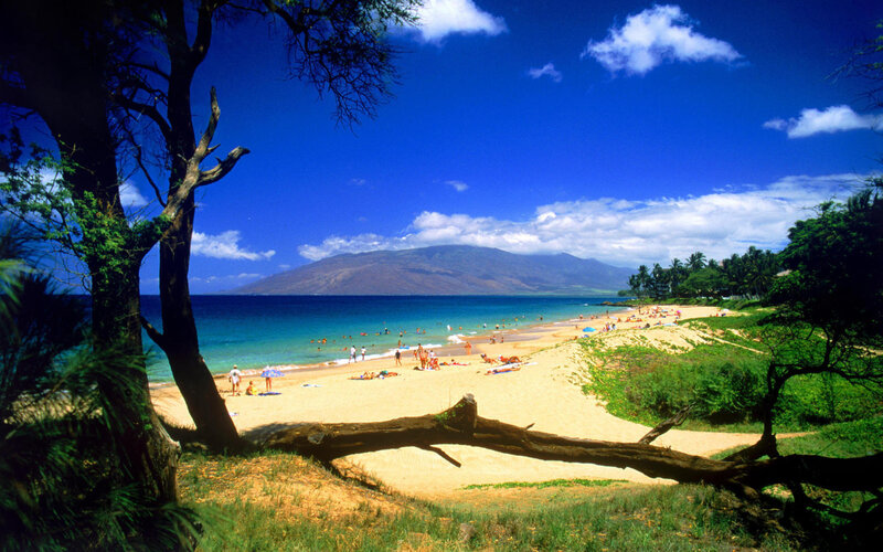 Beach with People and Mountain — Blue