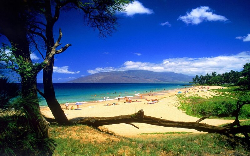 Beach with People and Mountains — Blue