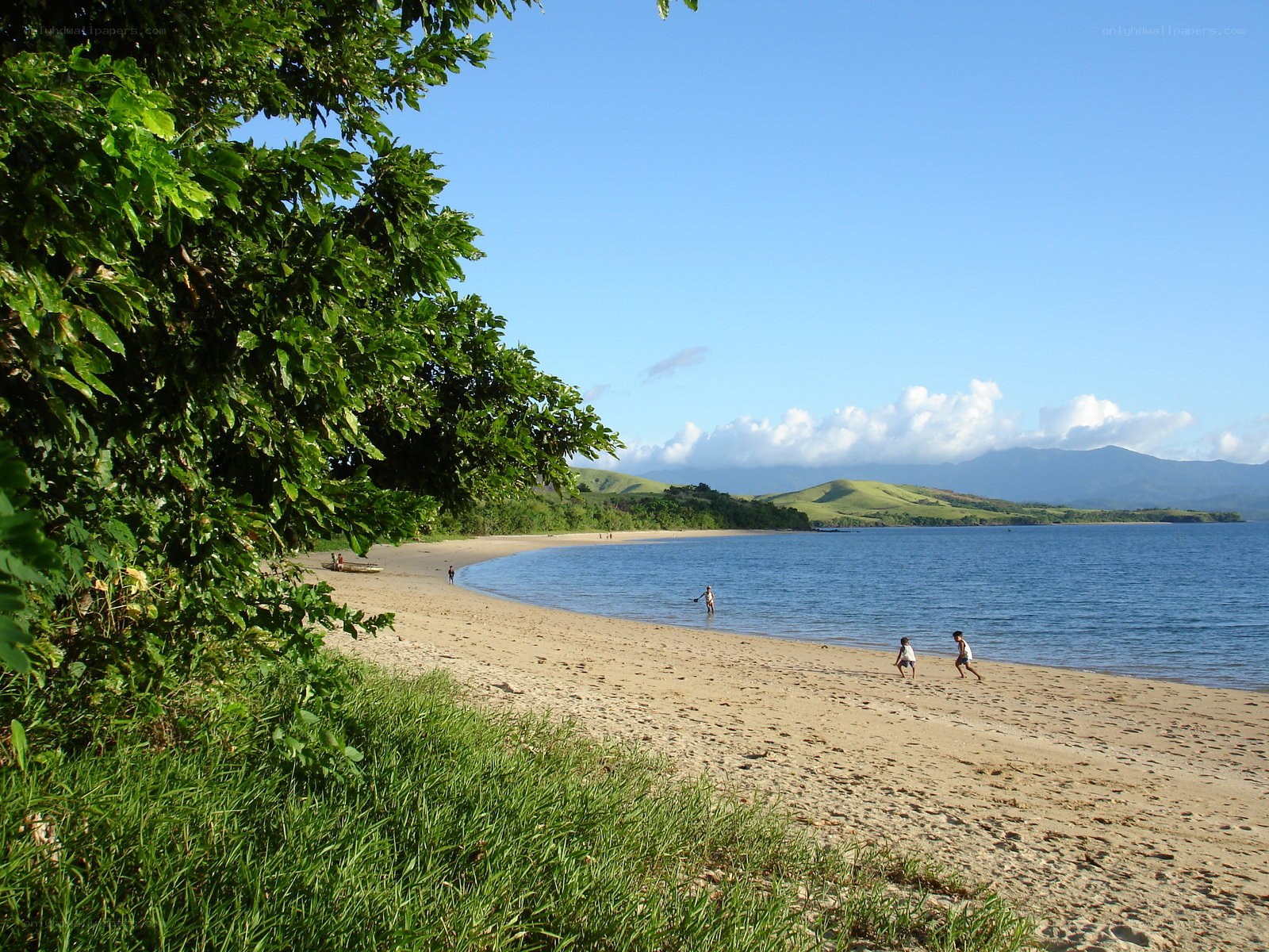Beach with people and mountains