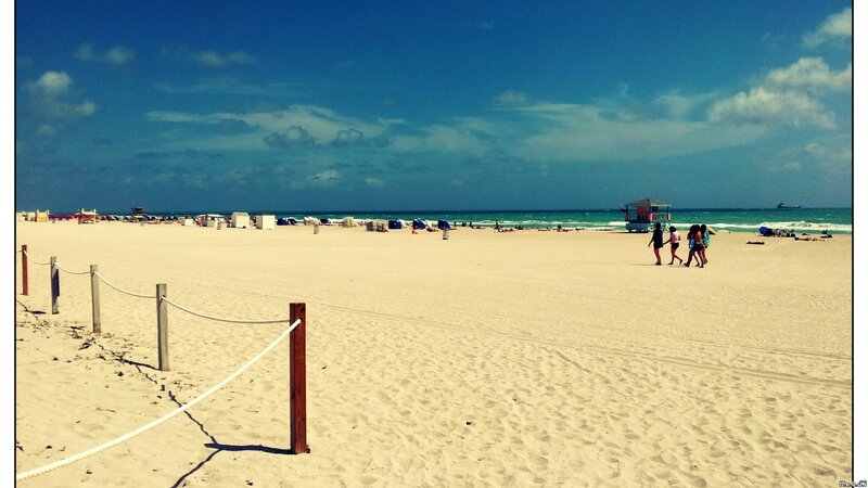 Beach with People — Blue, Serene, Afternoon, Photograph, Lifeguard Tower