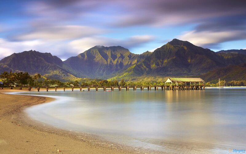 Beach with Pier and Mountains — Blue, Serene