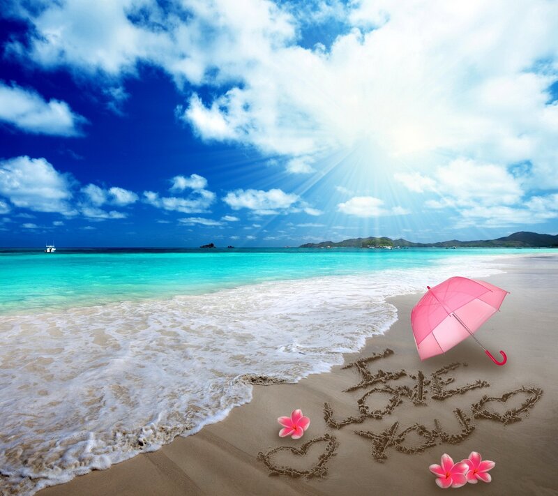 Beach with Pink Umbrella — Blue, Serene