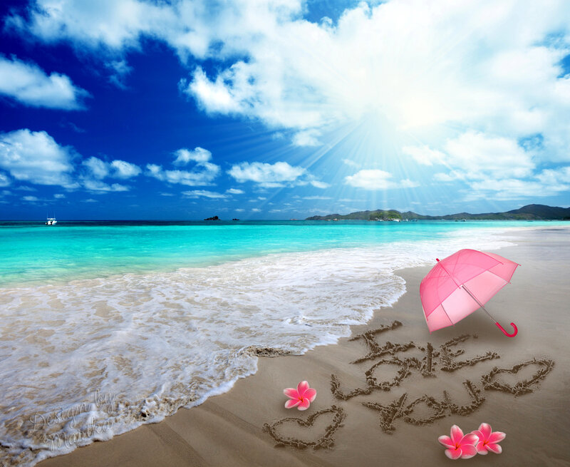 Beach with Pink Umbrella — Blue
