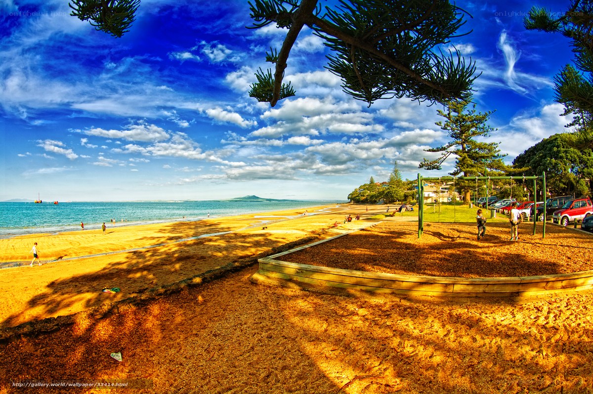 Beach with playground and blue sky