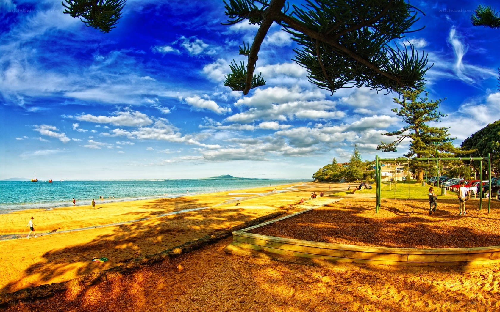 Beach with playground and pine trees