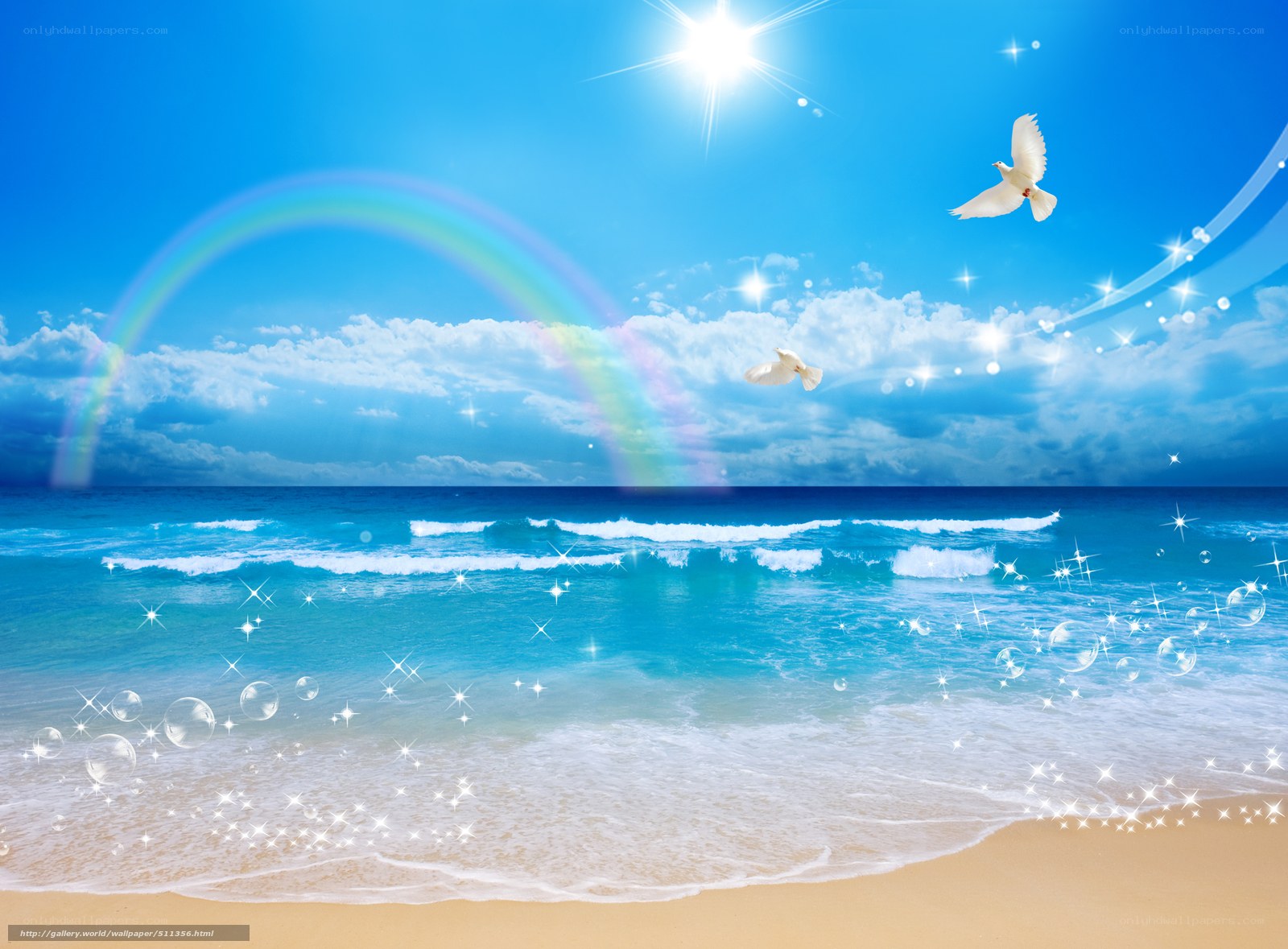 Beach with rainbow and doves