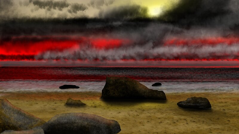 Beach with Red Sky