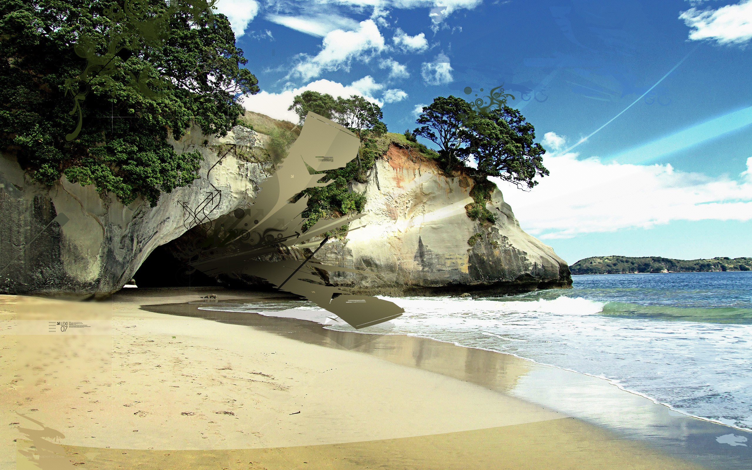 Beach with rock arch and digital overlay