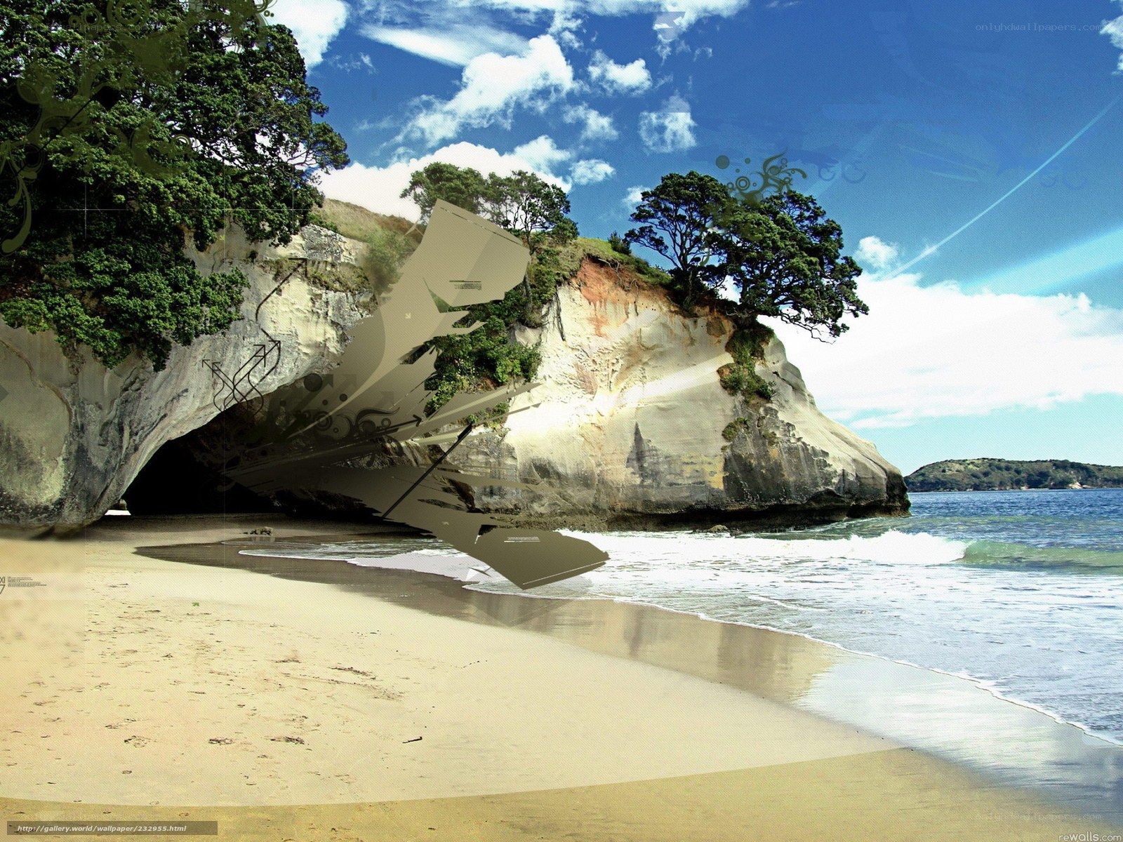 Beach with rock arch and plane