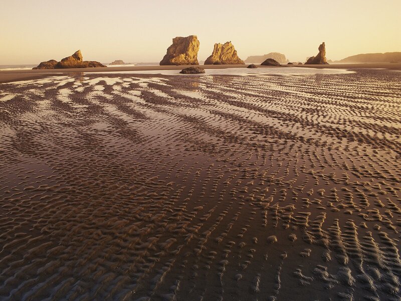 Beach with Rock Formations — Brown, Serene, Sunset, Photograph