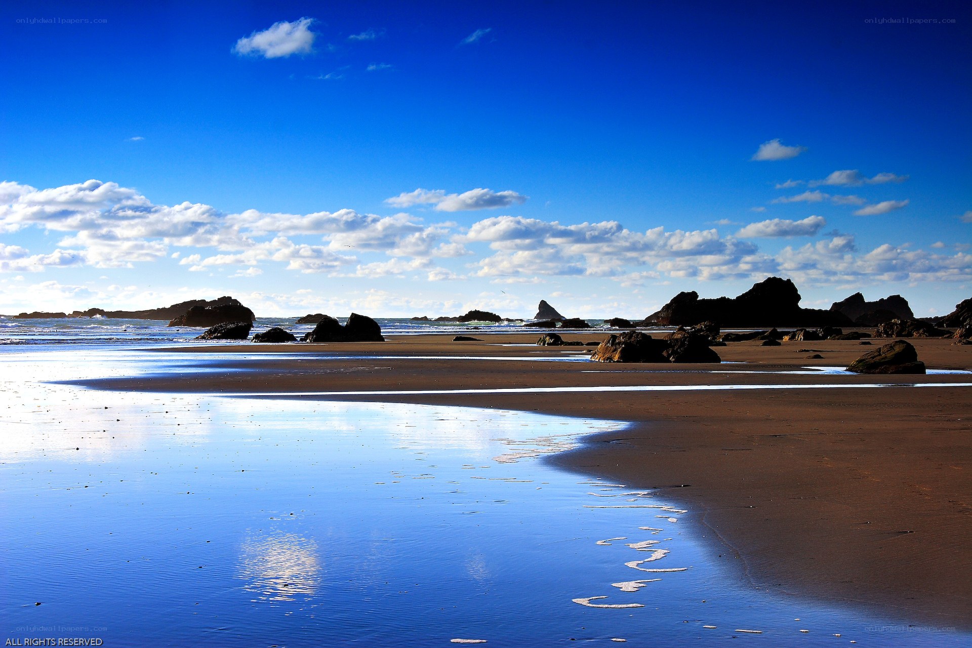 Beach with rocks and blue sky