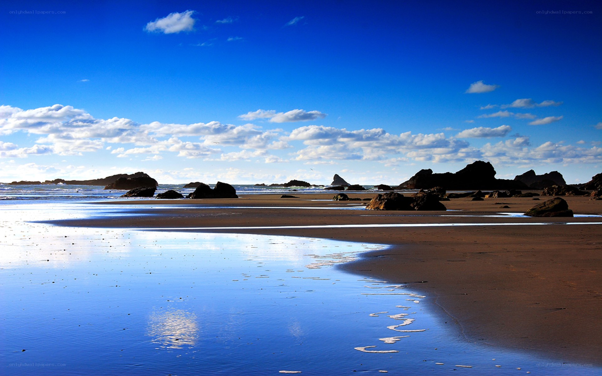 beach with rocks and blue sky