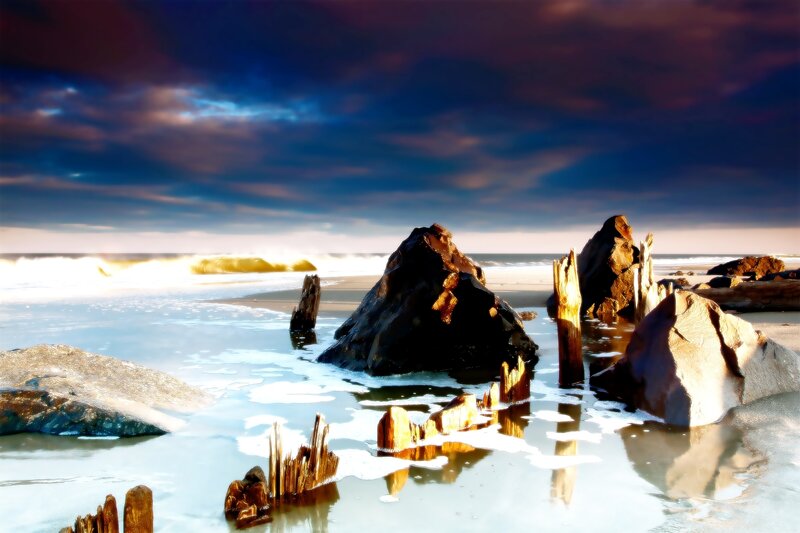 Beach with Rocks and Driftwood — Blue