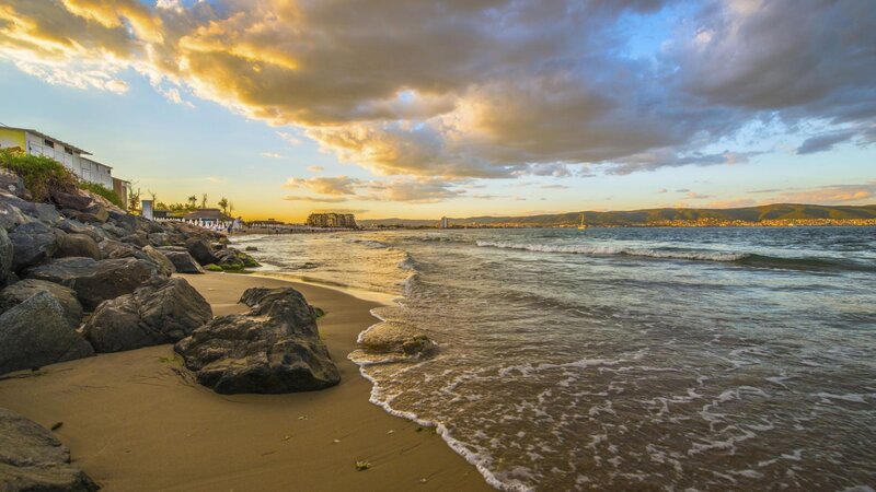 Beach with Rocks and Waves — Blue, Dramatic, Sunset
