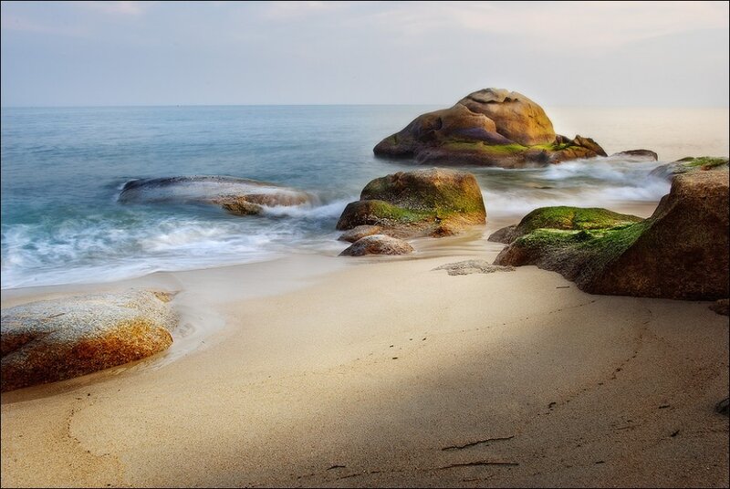 Beach with Rocks and Waves — Blue, Serene, Morning