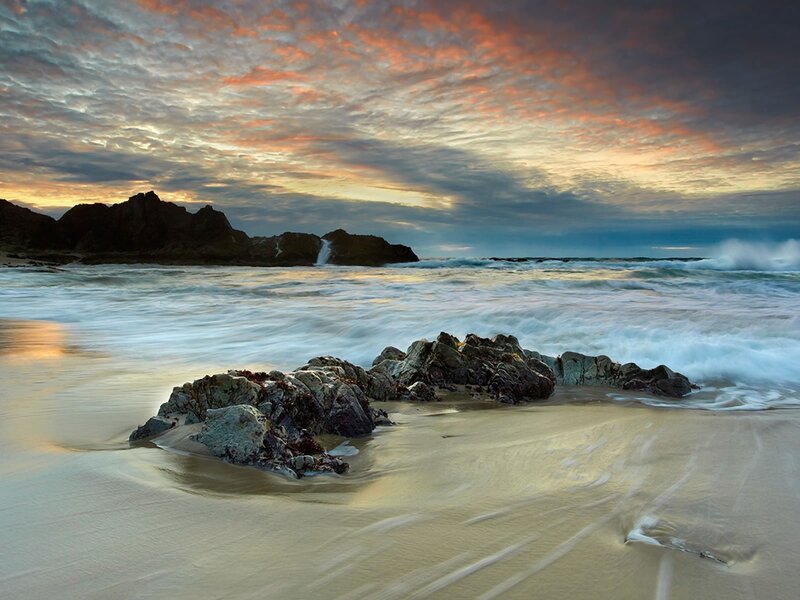 Beach with Rocks and Waves — Orange, Dramatic, Sunset