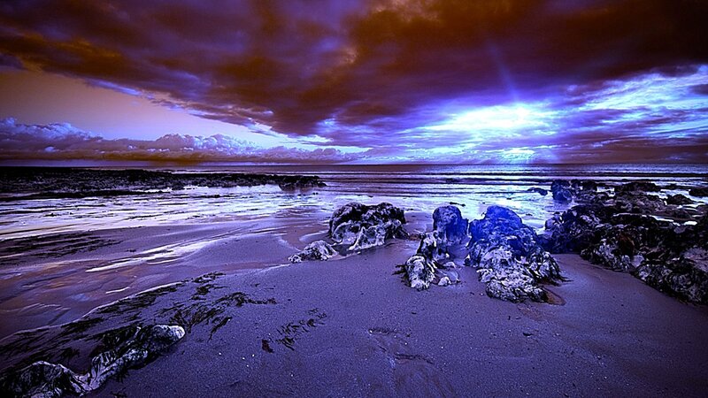 Beach with Rocks at Dusk — Purple, Dramatic