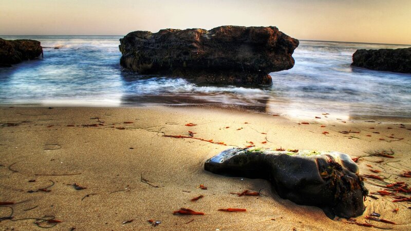 beach with rocks at sunset
