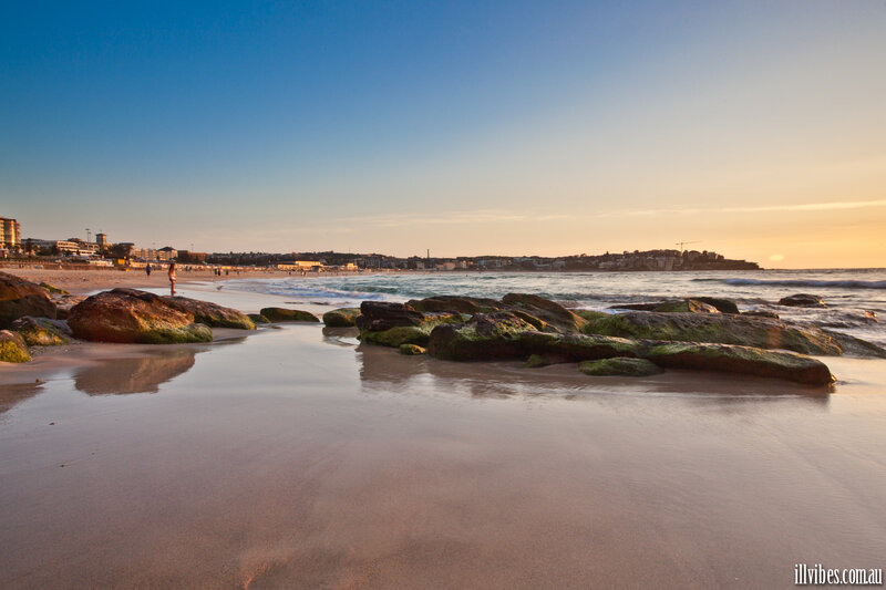 Beach with Rocks at Sunset — Blue, Serene, Photograph