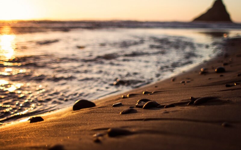 Beach with Rocks at Sunset — Brown, Serene, Photograph