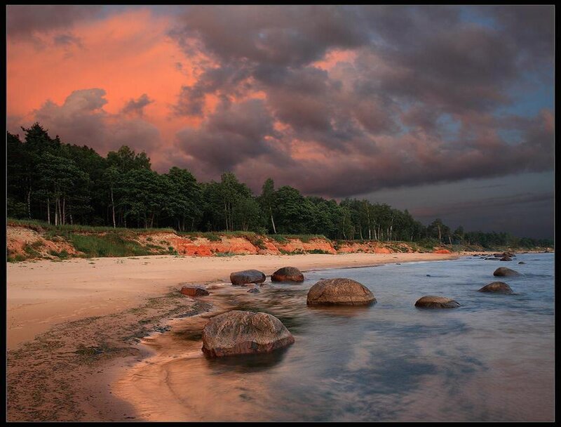 Beach with Rocks at Sunset — Orange, Dramatic