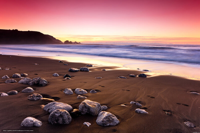 Beach with Rocks at Sunset — Pink