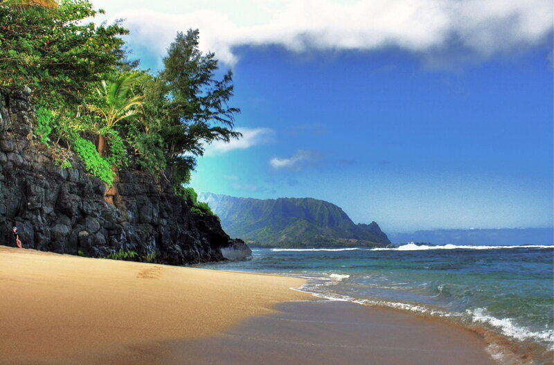 Beach with Rocky Cliff — Blue, Serene, Afternoon