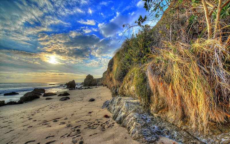 Beach with Rocky Cliffs — Blue, Dramatic, Sunset, Photograph