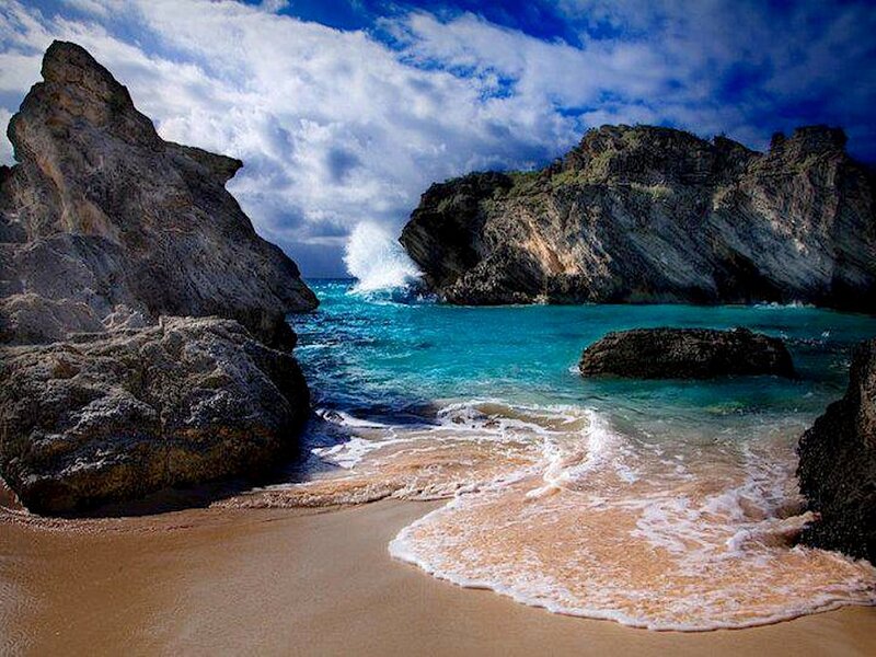 Beach with Rocky Cliffs — Blue, Dramatic