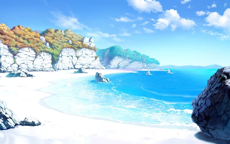 Beach with Rocky Cliffs — Blue, Serene, Afternoon, Anime