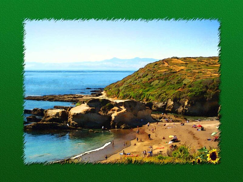 Beach with Rocky Cliffs — Green, Serene