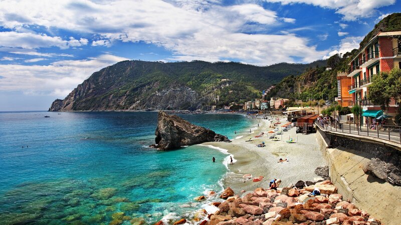Beach with Rocky Outcrop — Blue, Serene, Afternoon, Photograph, Mountain