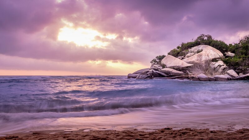 Beach with Rocky Outcrop — Purple, Dramatic