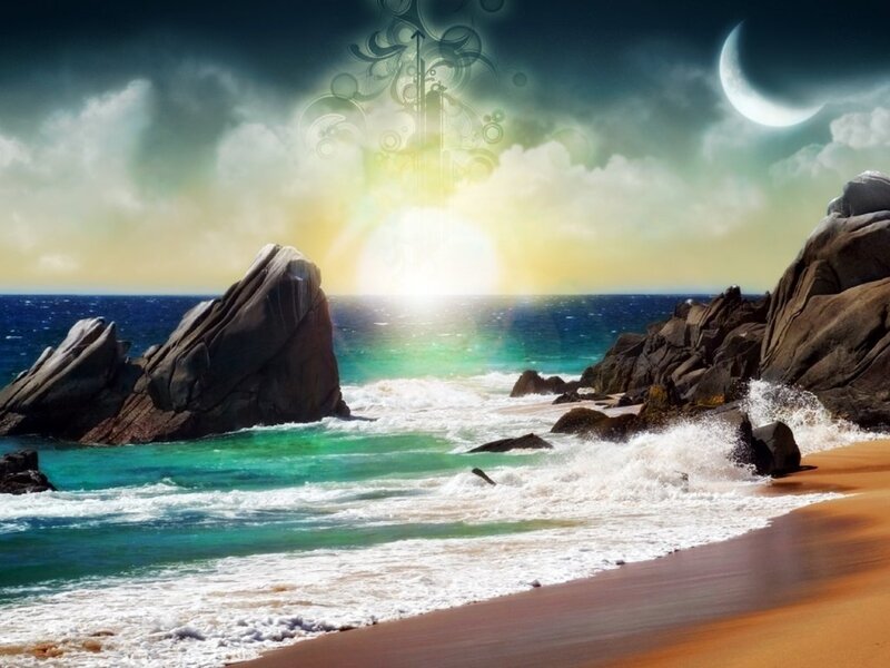 Beach with Rocky Outcrops — Blue, Dramatic, Night, Digital Art, Moon