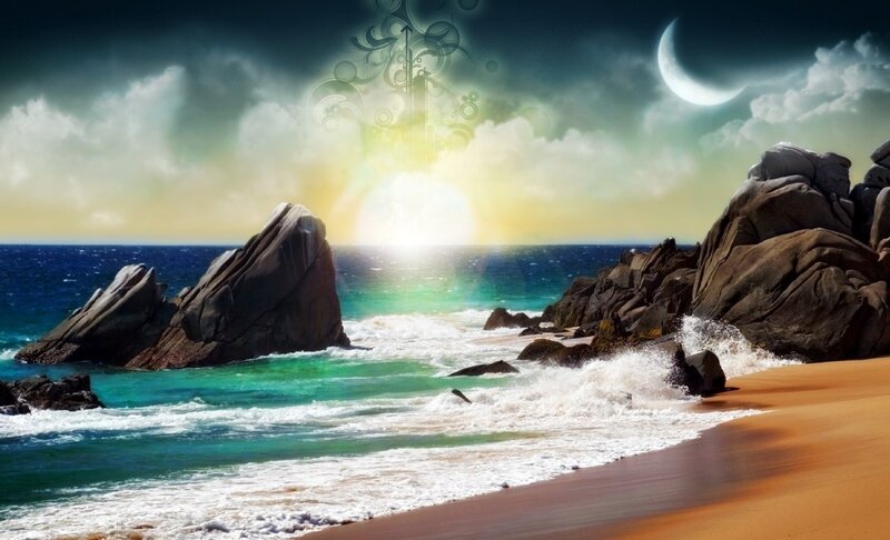 Beach with Rocky Outcrops — Blue, Dramatic, Night