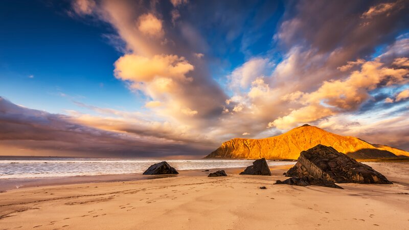 Beach with Rocky Outcrops — Blue, Dramatic, Sunset, Photograph