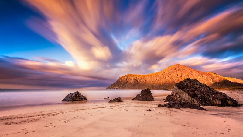 Beach with Rocky Outcrops — Blue, Dramatic, Sunset