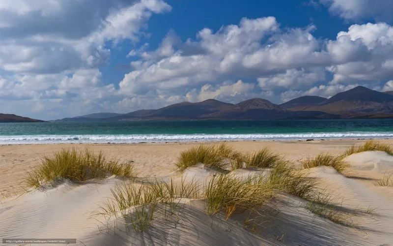 beach with sand dunes and mountains