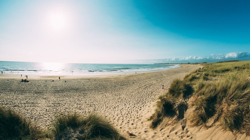 Beach with Sand Dunes — Blue, Serene, Afternoon, Photograph, Ocean