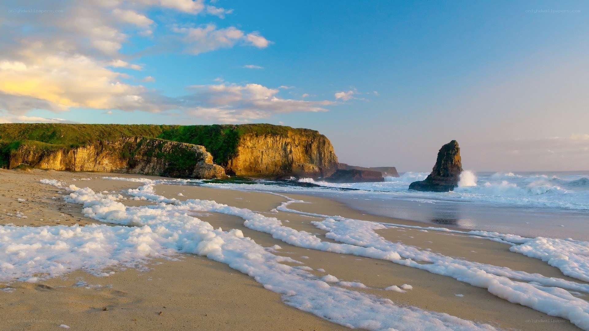 Beach with sea foam and cliffs
