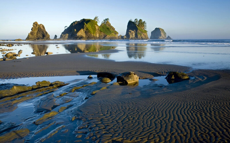 beach with sea stacks at low tide
