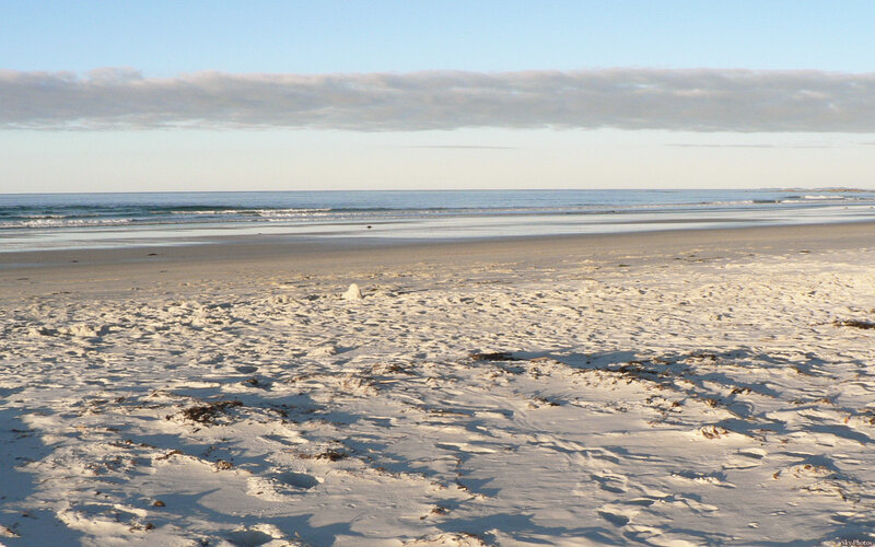 beach with snow and ocean