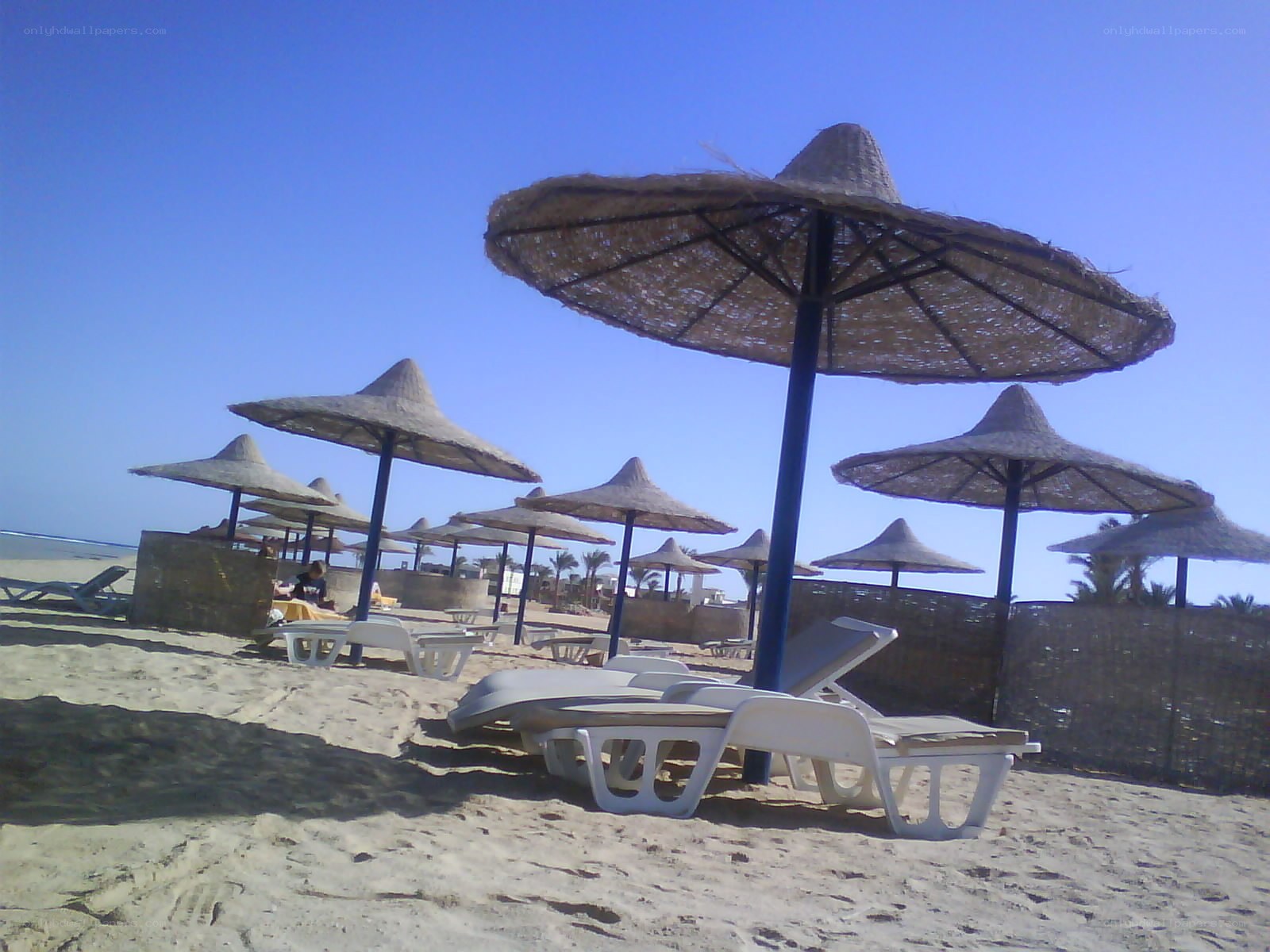Beach with straw umbrellas