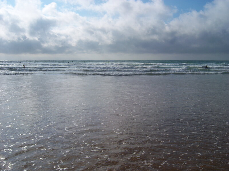 beach with surfers and waves