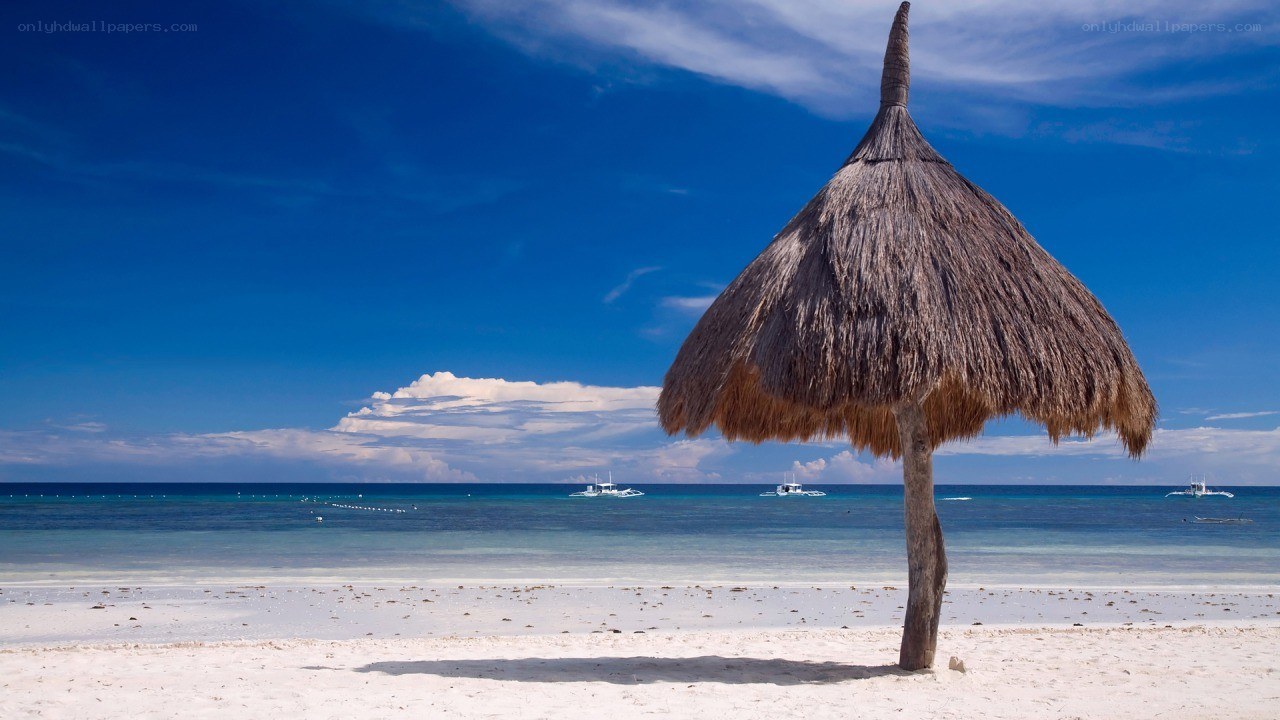 Beach with thatched umbrella