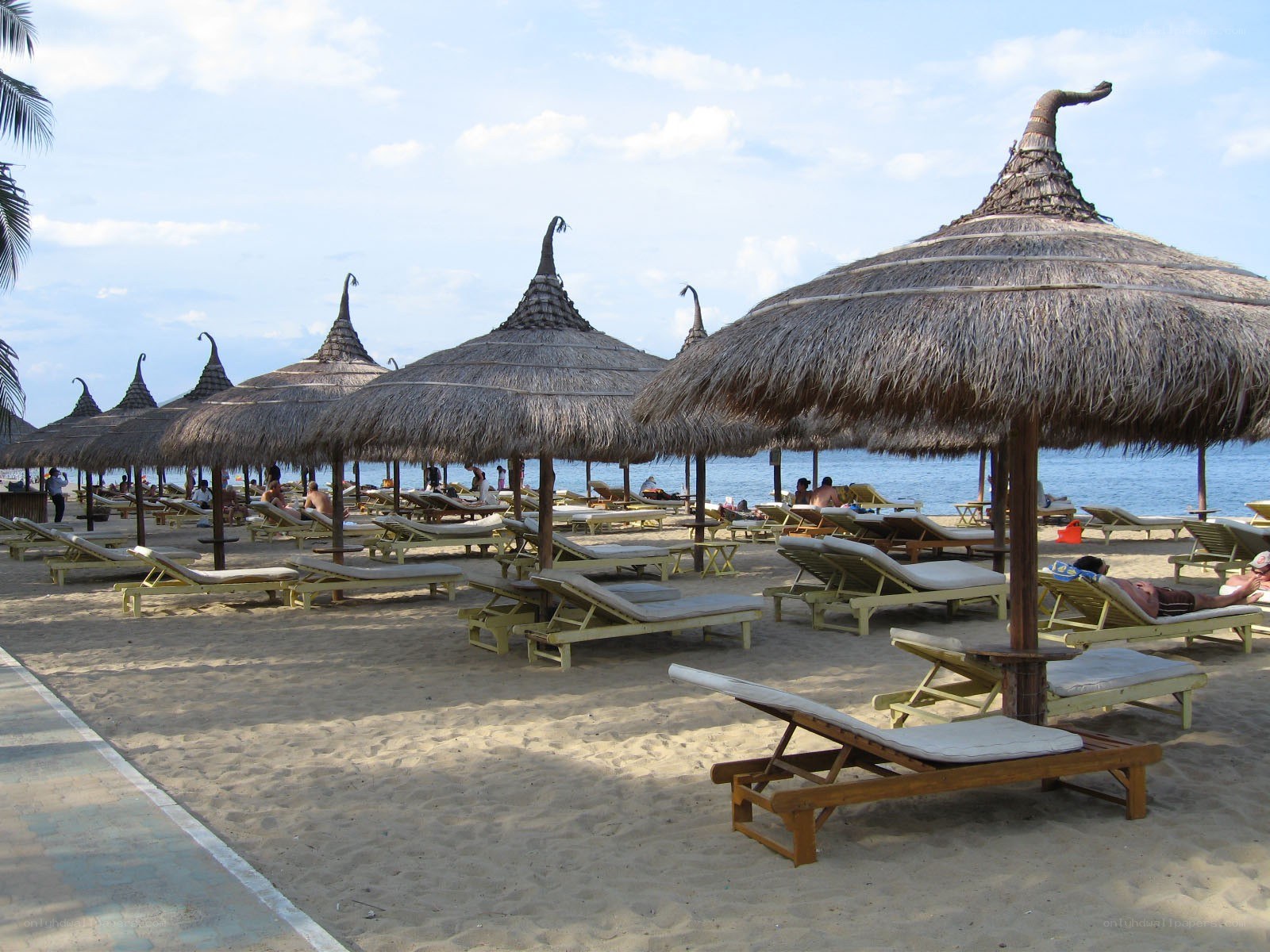 Beach with thatched umbrellas