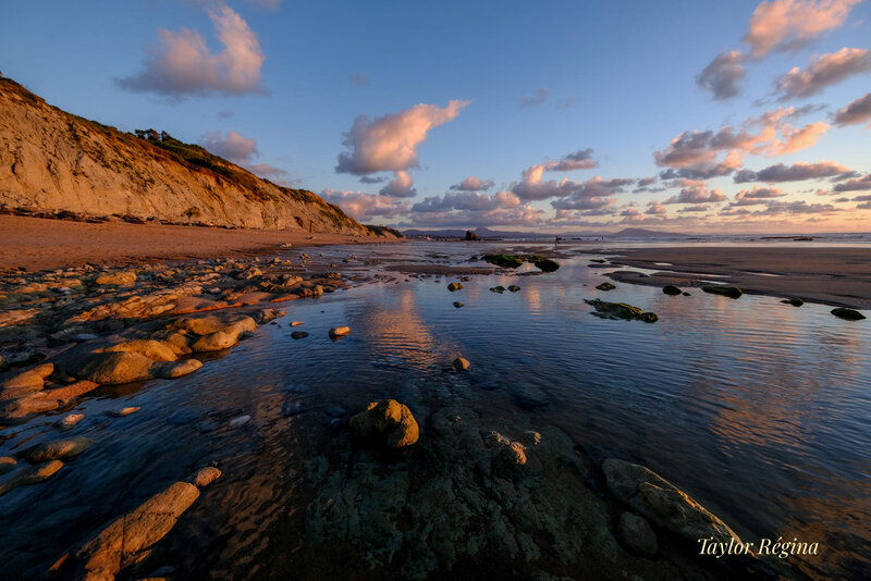 Beach with Tidal Pools — Blue, Serene, Sunset